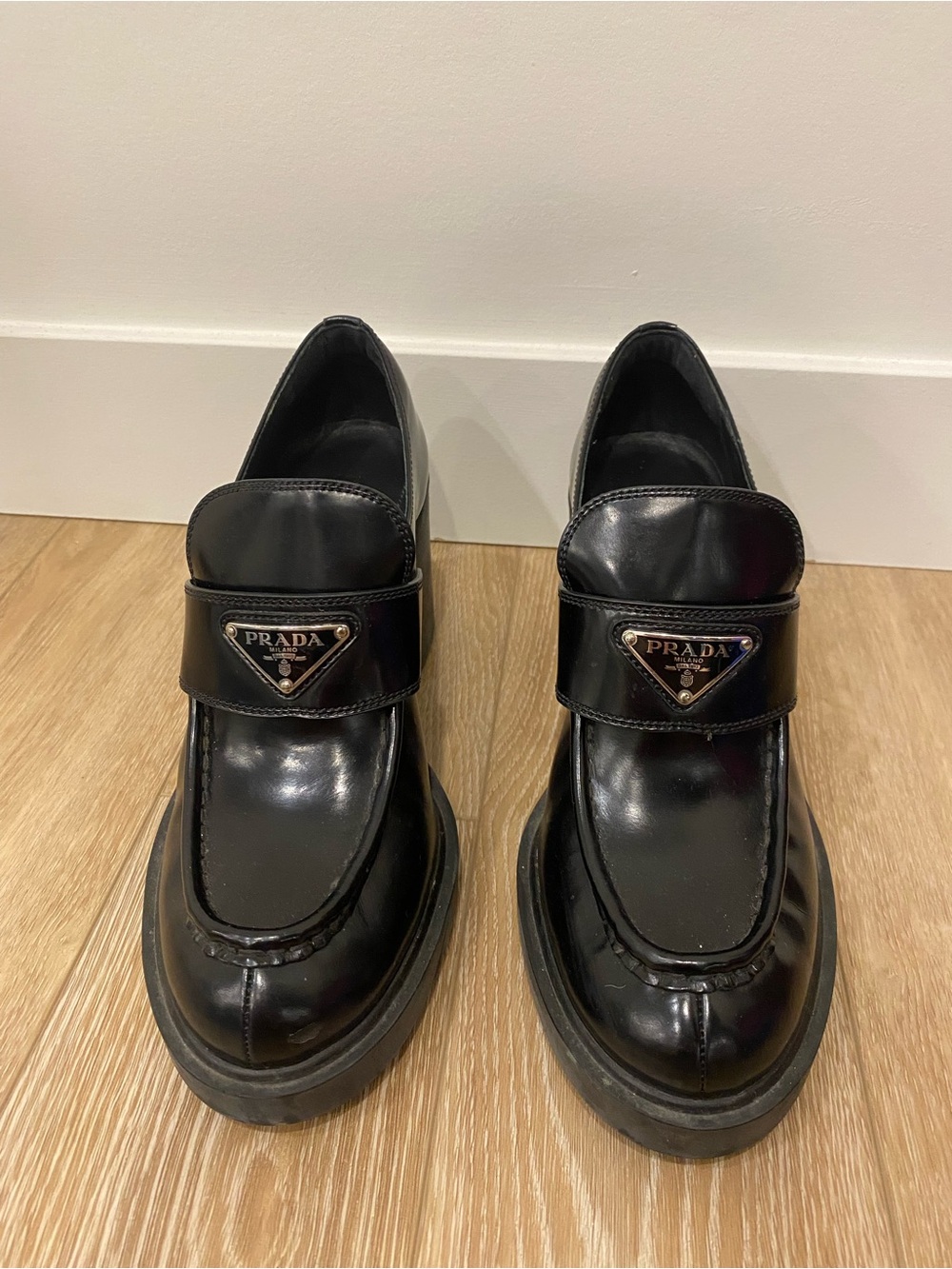 Prada Black Leather Strap Loafers with Triangle Logo Plaque
